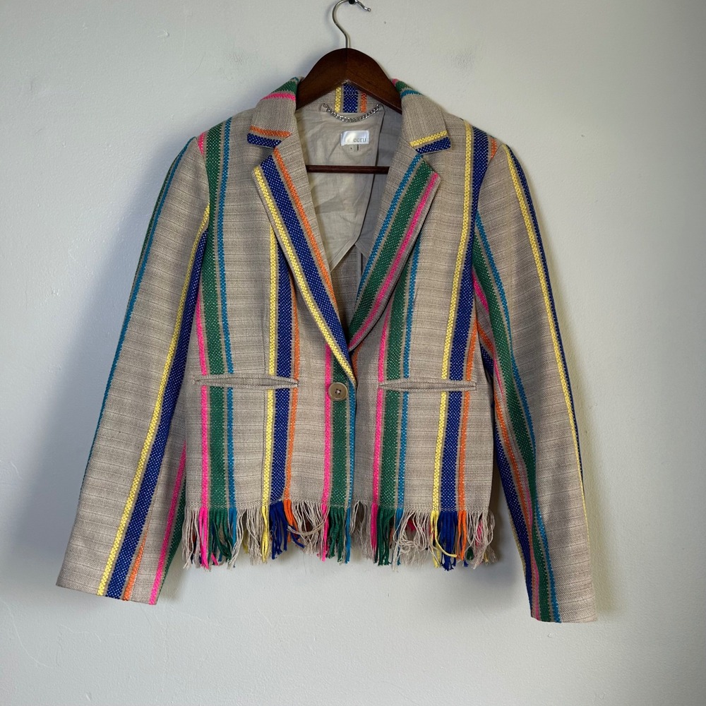 EUC‎ ecru Blazer Striped Fringe Hem Size S Tan Multicolor Boho Festival